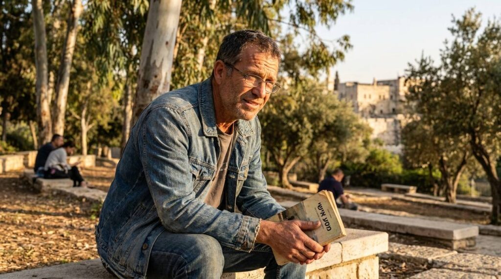 Israeli man in casual clothes reading a book in park at sunset.