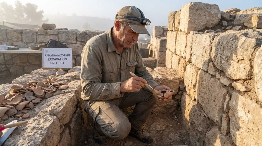 Archaeologist examines artifacts at Ramathaim-Zophim ruins in morning light.