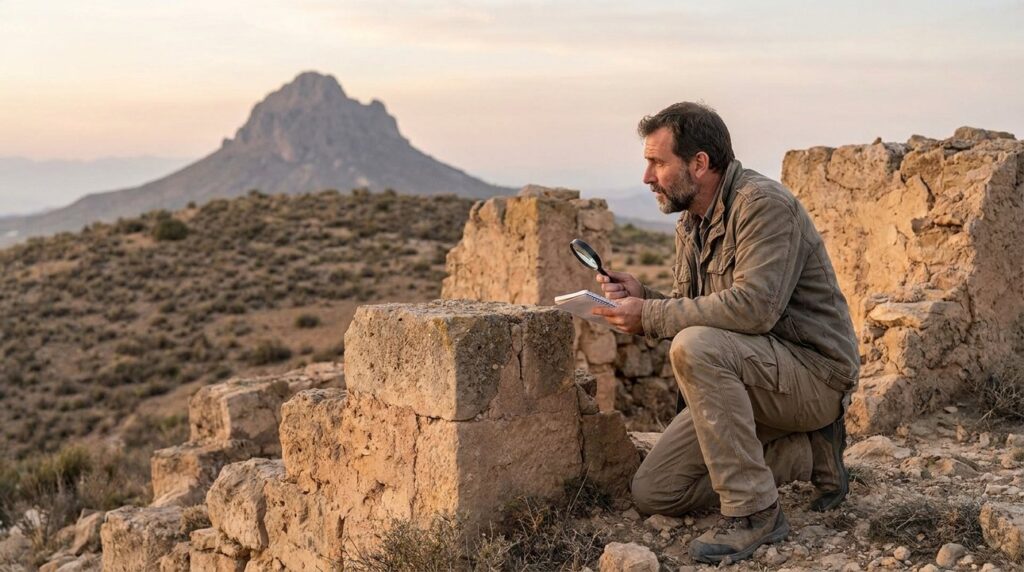 Israeli historian examines ancient ruins near Mount Mizar at dawn.