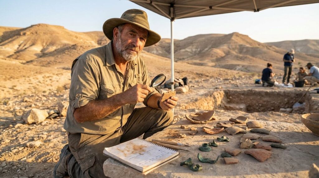 Israeli archaeologist examines artifacts in Negev Desert at sunset.