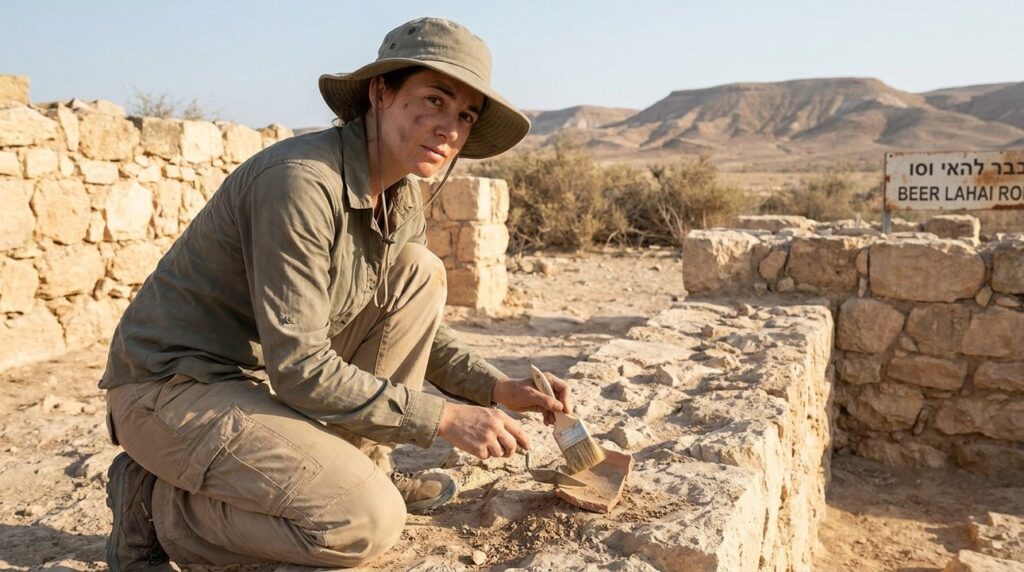 Israeli archaeologist examines ancient ruins at Beer Lahai Roi.
