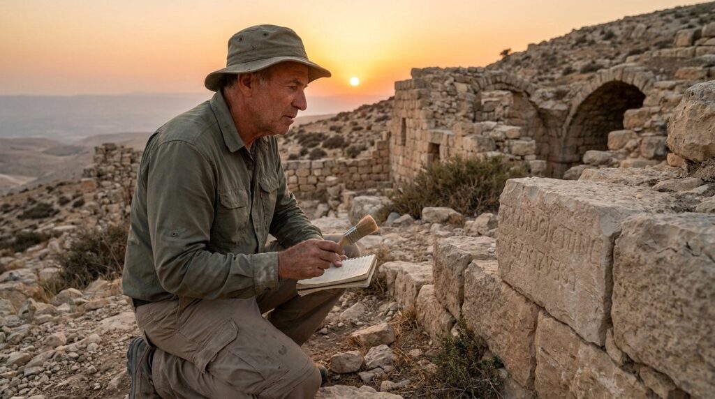 Israeli archaeologist examines Christian ruins on mountain at sunset.