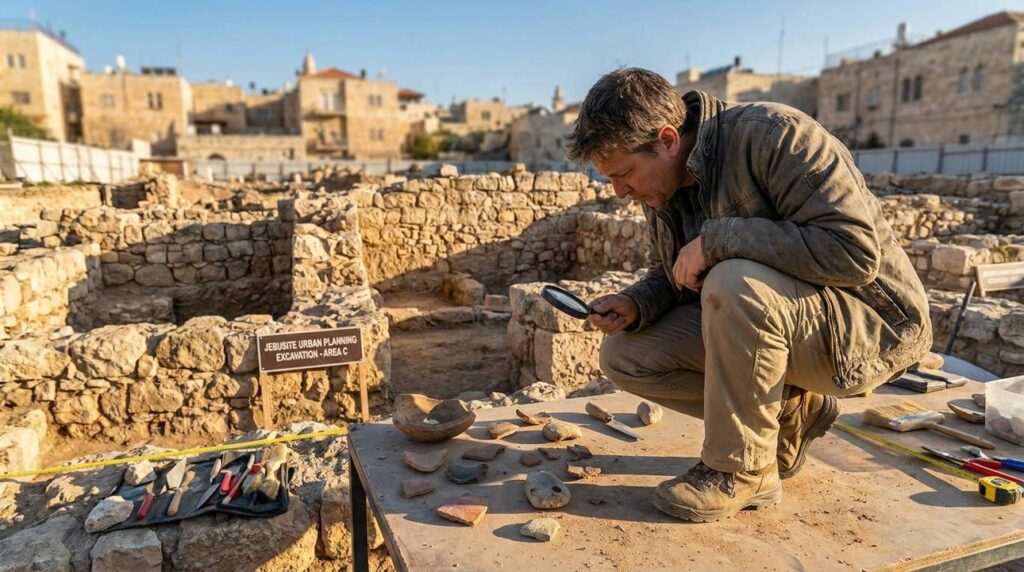 Historian inspects ancient artifacts at Jerusalem archaeological site.