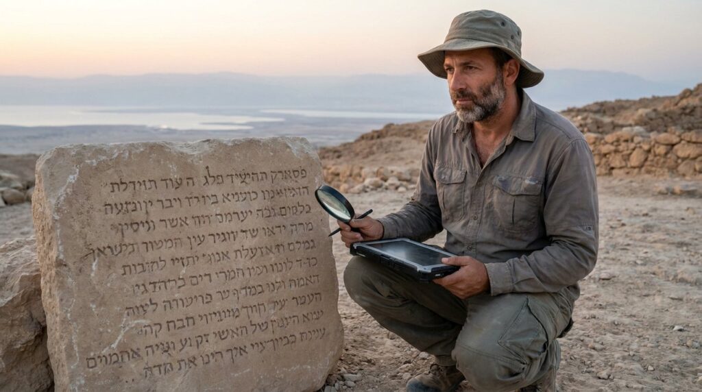 Israeli archaeologist examines ancient inscriptions near Dead Sea, making digital notes.
