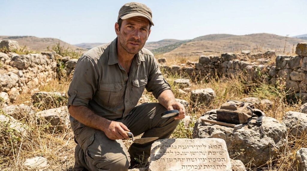 Israeli archaeologist examines artifacts at Bethel ruins on a clear day.