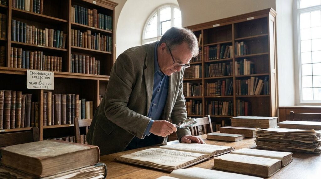 Israeli historian examines ancient manuscripts in a well-lit library.