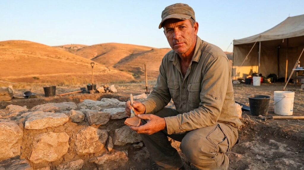 Israeli historian examines artifacts at Jezreel Valley archaeological site.