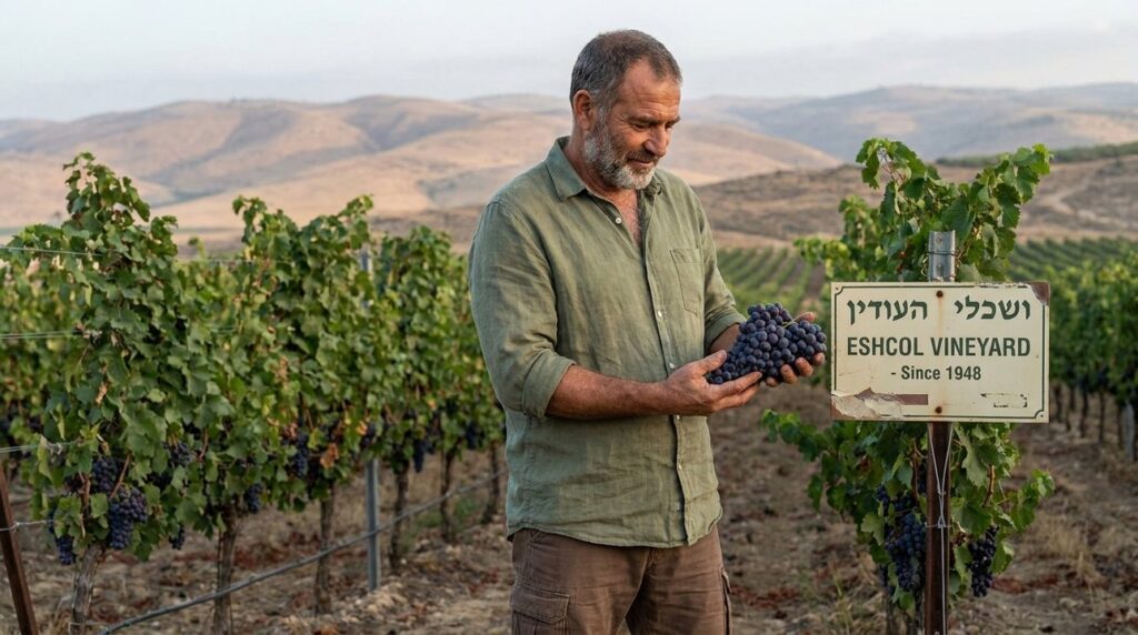 Middle-aged Israeli man holding grapes in a vineyard.