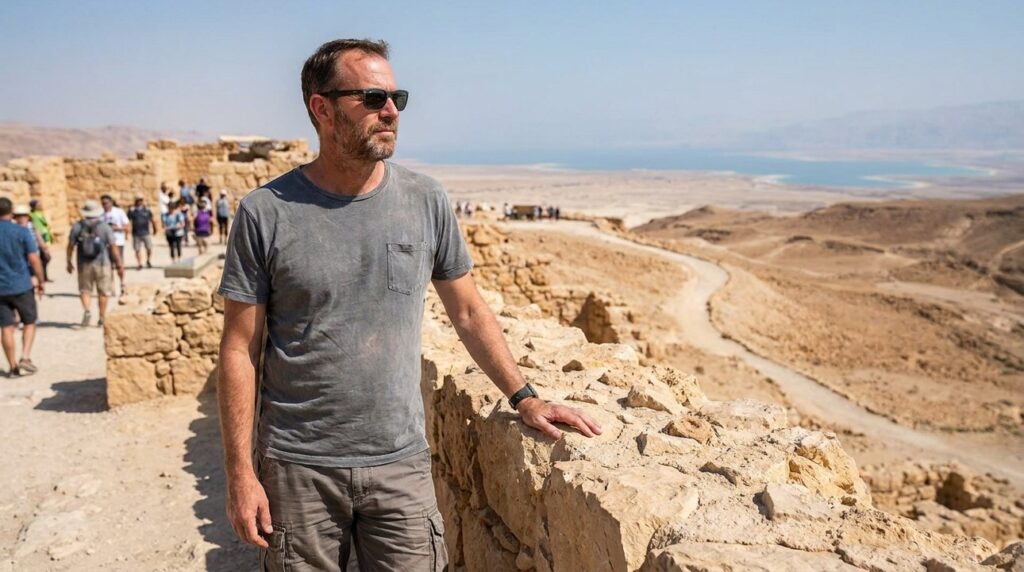 Israeli man in casual clothes contemplates Masada ruins in desert.