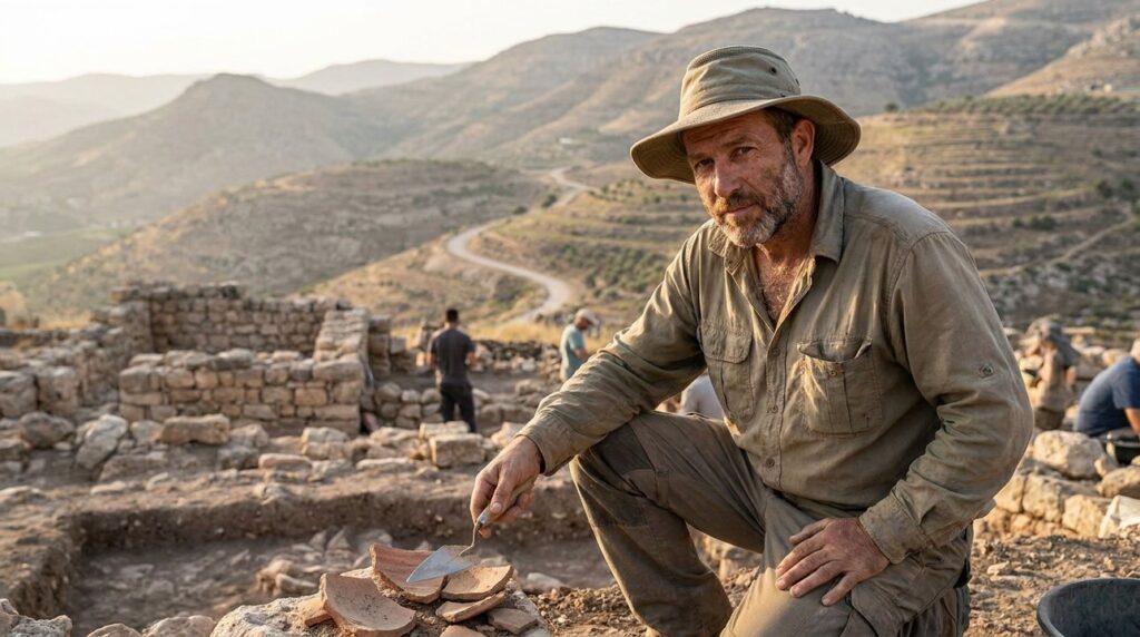 Israeli archaeologist examining artifacts in Gilead with mountainous background.