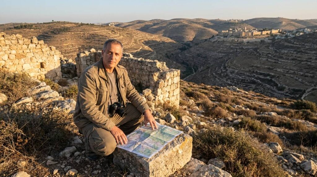 Israeli historian examines ancient ruins with map and camera at dusk.