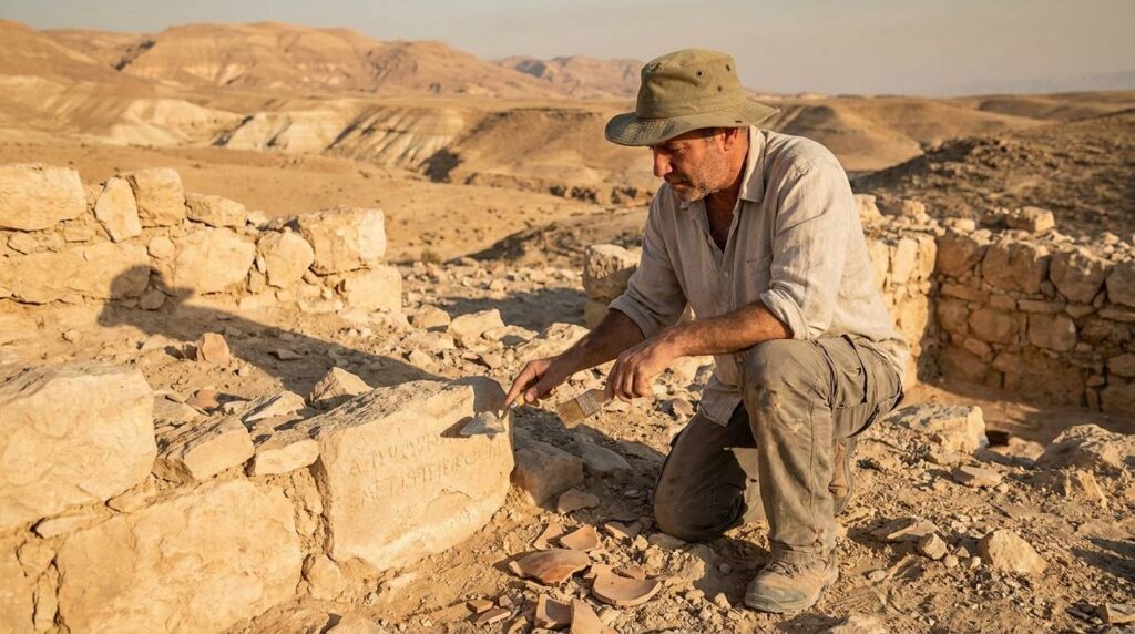 Israeli archaeologist examining stone ruins in the Judean desert.