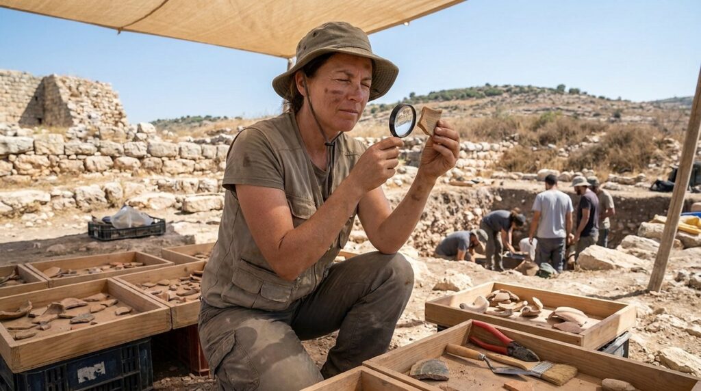 Israeli archaeologist examines pottery at historic excavation site in Israel.