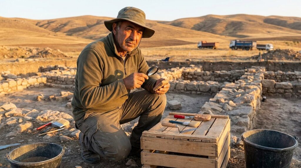 Turkish archaeologist examines artifacts at excavation site in Turkey.