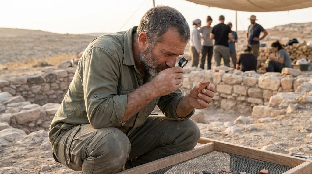 Israeli archaeologist examines ceramic fragment at archaeological site in Israel.