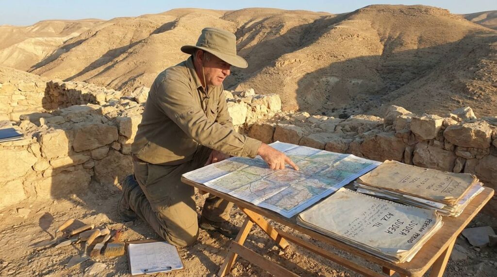 Israeli archaeologist examining ancient ruins and maps in the Judean desert.