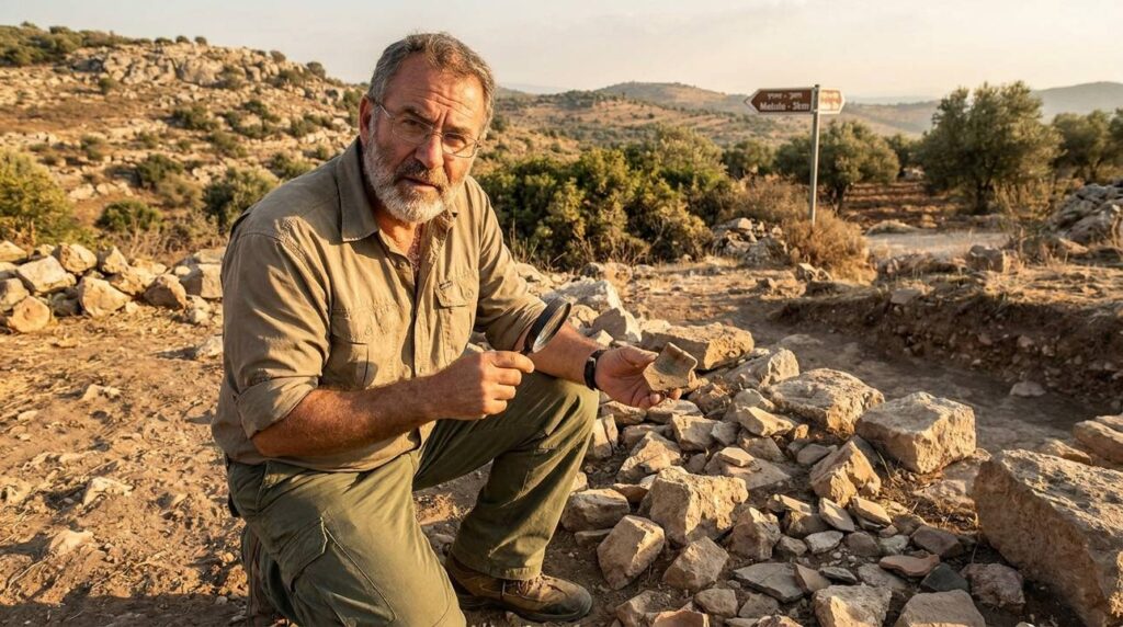 Middle-aged Israeli historian examining artifacts near Metula in rugged terrain.