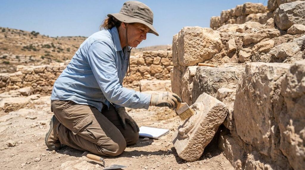 Israeli archaeologist examines ancient ruins at Bezer in field attire.
