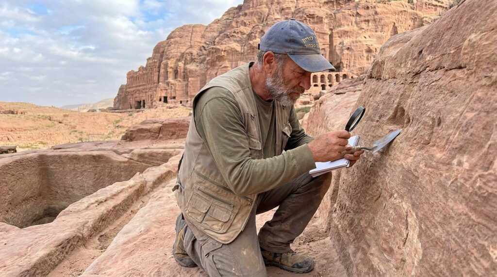 Middle-aged archaeologist examines ancient water systems in Petra.