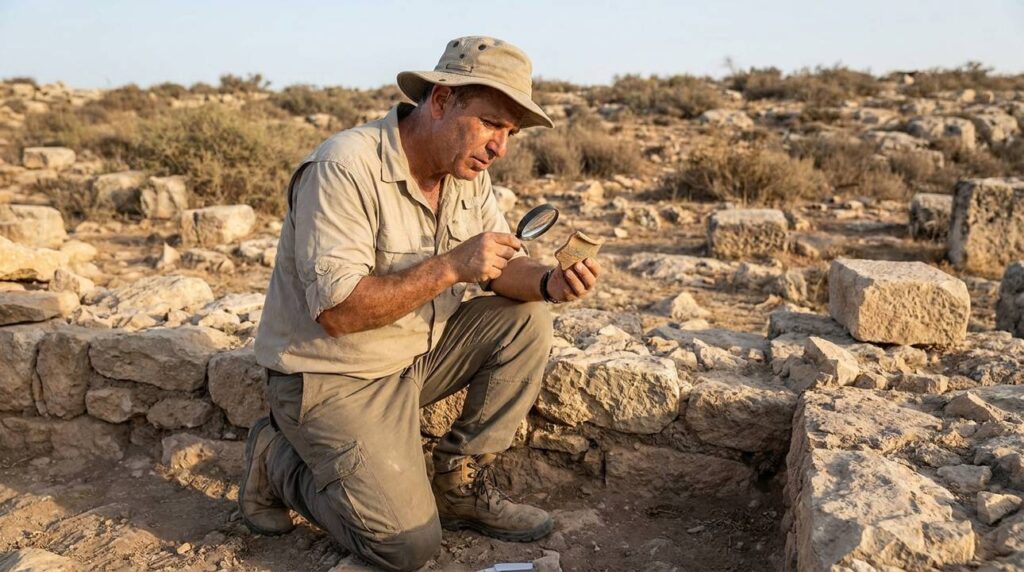 Israeli archaeologist examining pottery at Baal Peor ruins.