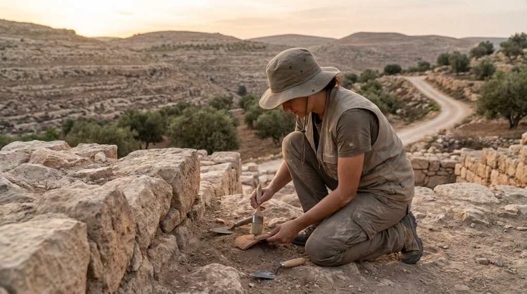 Archaeologist examines ancient stone ruins in rugged Judean landscape.