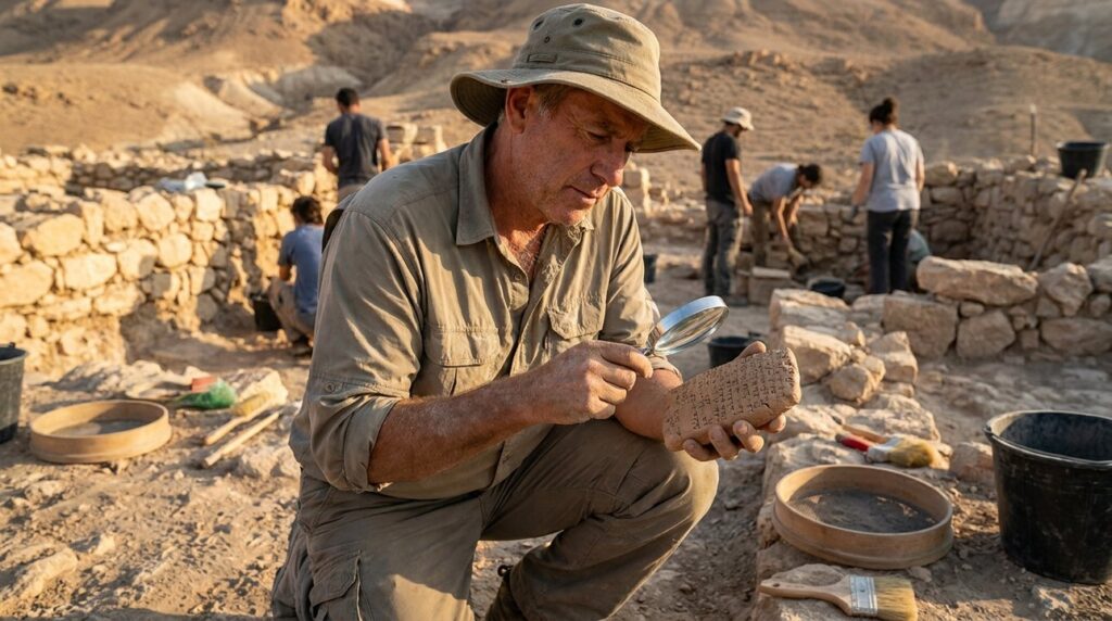 Israeli archaeologist examines stone tablets at excavation site in Israel.