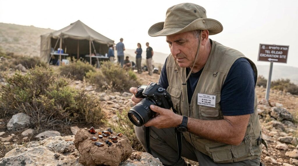 Israeli archeologist documenting ancient resin remains in Gilead.