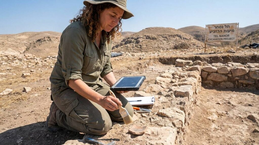 Israeli archaeologist examines artifacts at ancient Nahor site, holding tablet.