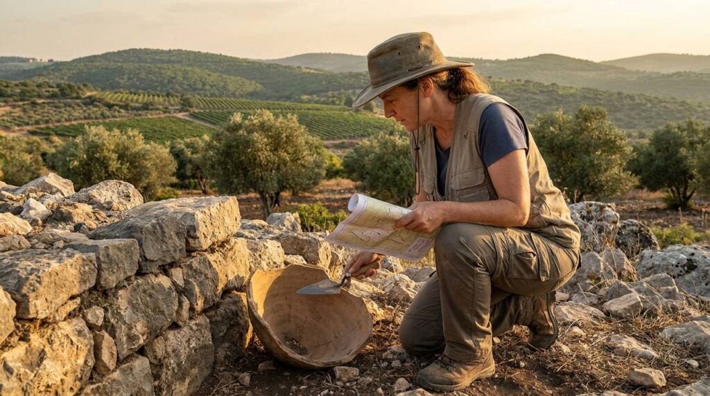 Israeli historian examines ancient ruins on Mount Amana with tools.