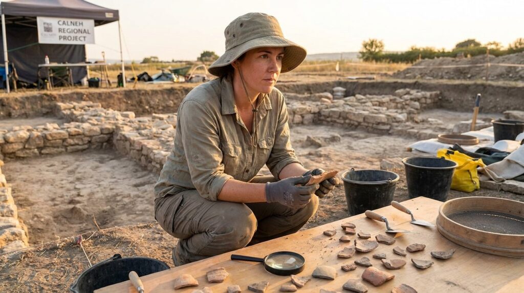 Israeli archaeologist examines artifacts at ancient Calneh dig site.