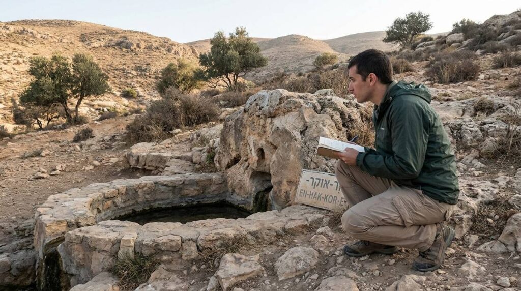 Researcher in outdoor gear examining En-hak·kor·e fountain at dawn.