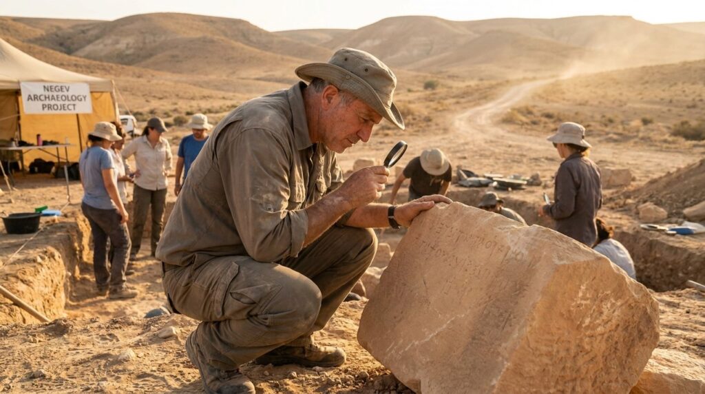 Israeli archaeologist examining stone inscriptions in Negev desert excavation site.