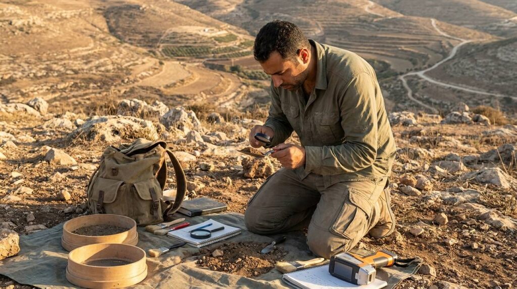 Archeologist examining soil samples in mountainous terrain with tools beside him.