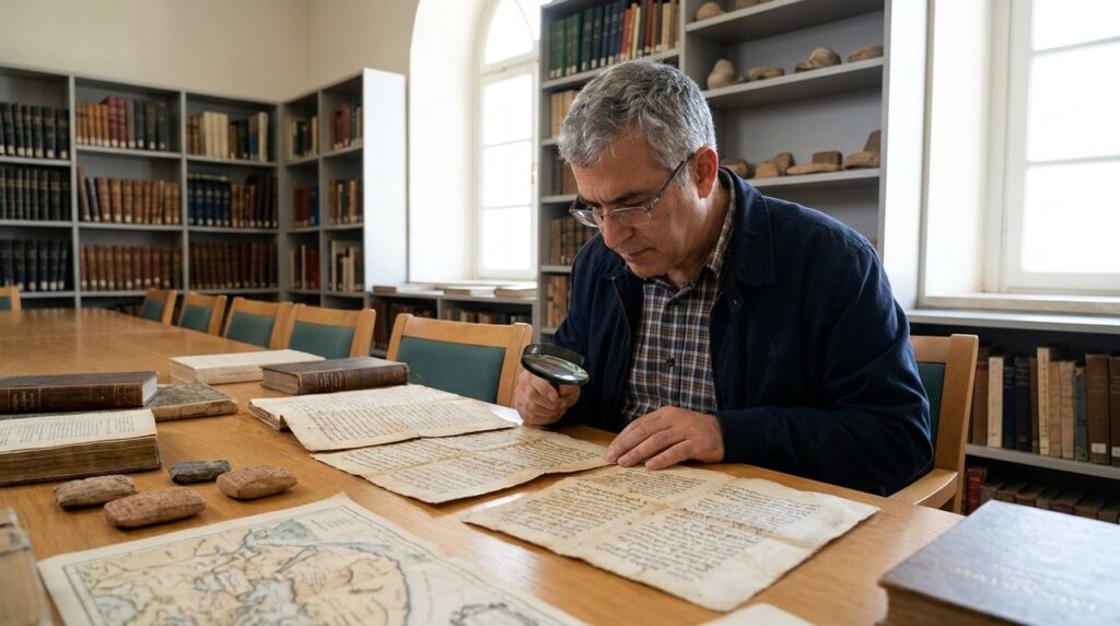Israeli historian examines ancient manuscripts in a sunlit library.