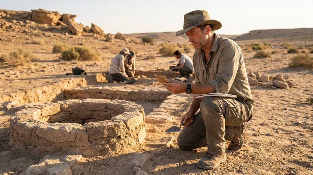 Archeologist examining ancient ruins in a desert at sunset.