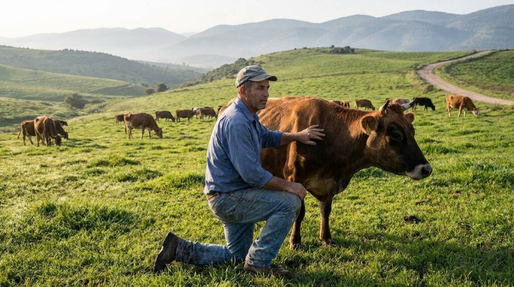 Israeli farmer in jeans tending cattle in Gilead's green pastures.