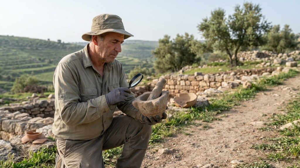 Israeli archaeologist examines ancient tools in Gilead, lush greenery background.