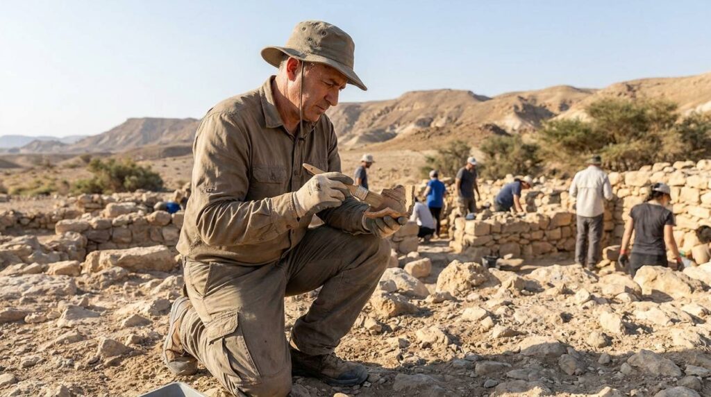 Israeli archeologist examines pottery shard at Lehi site.