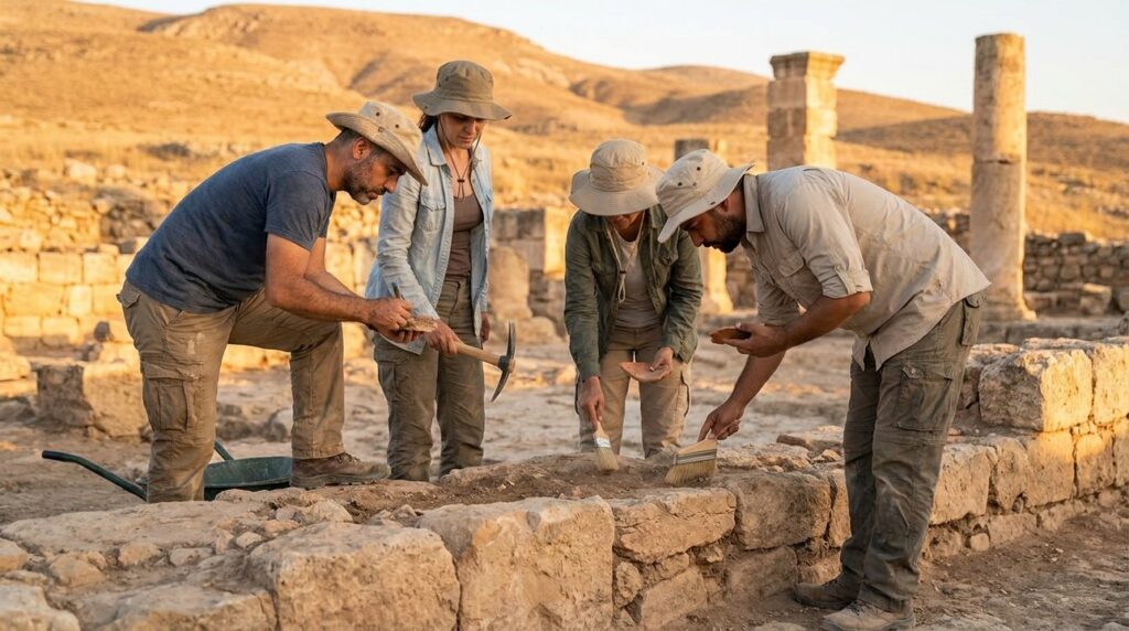 Archaeologists examining ancient ruins at Zarethan with tools at sunset.