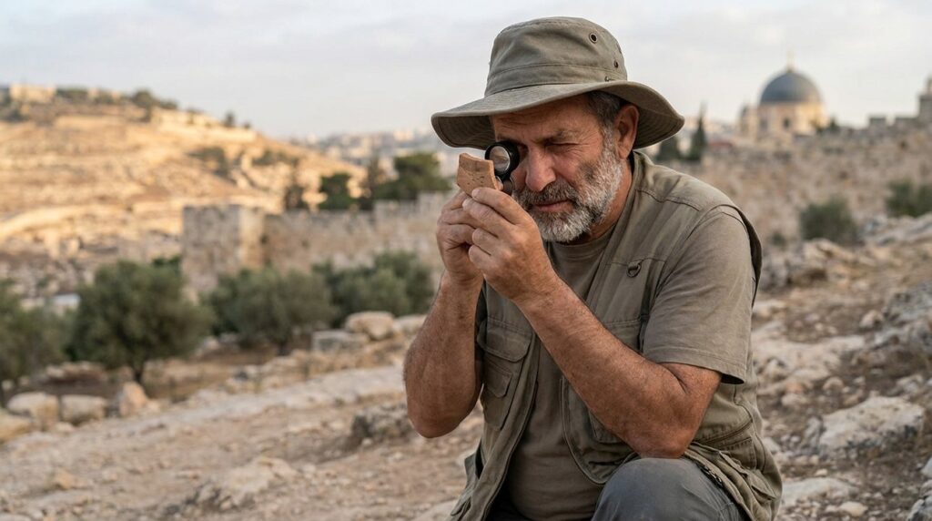 Archaeologist examining pottery near Golgotha in Jerusalem.