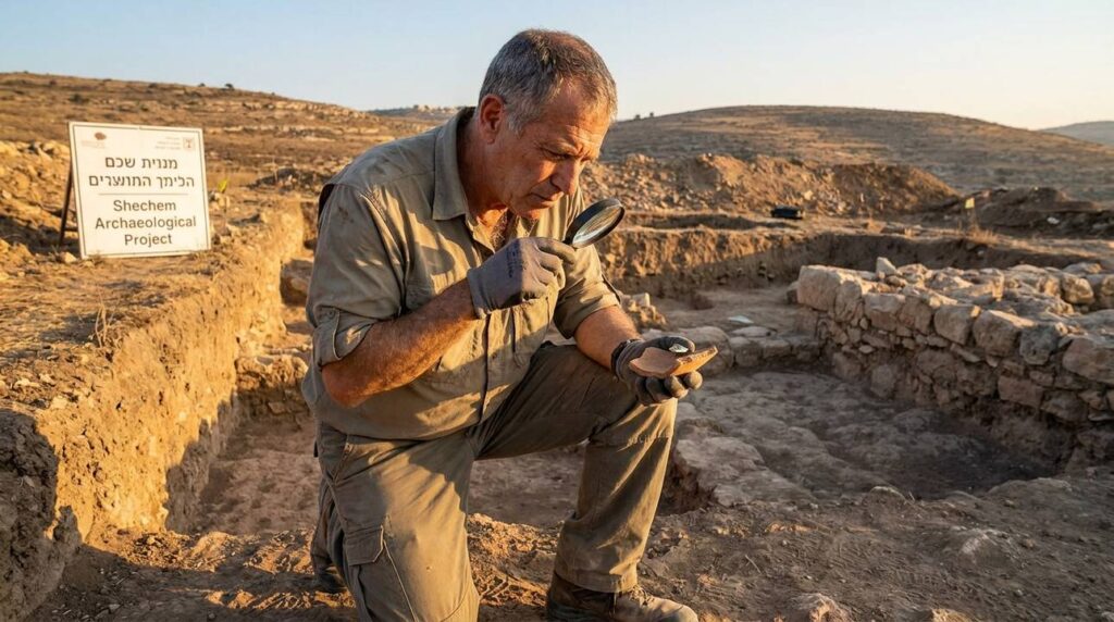 Israeli archaeologist examines artifacts at Shechem dig site in evening light.
