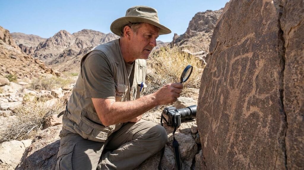 Middle-aged Israeli archaeologist examining inscriptions at Jabal al-Lawz.