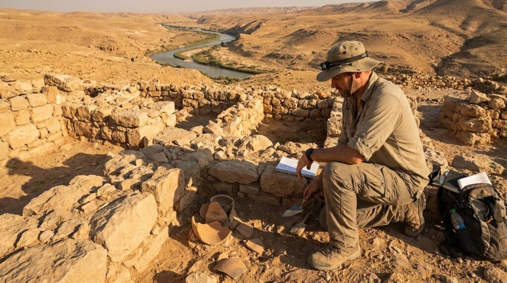 Archaeologist examines Aroer ruins near Arnon River in late afternoon.