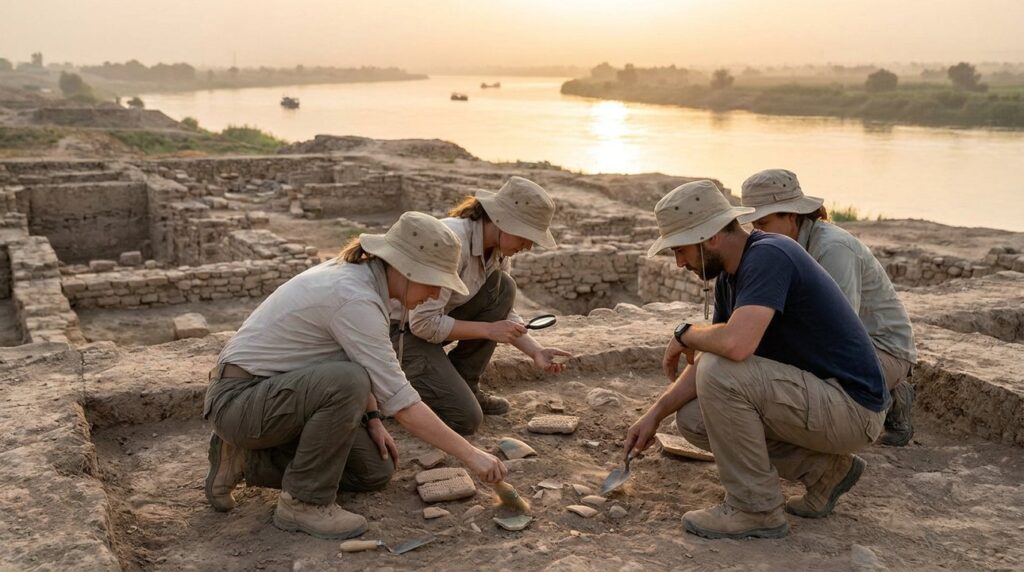 Archaeologists examining artifacts at Nineveh ruins near Tigris River.