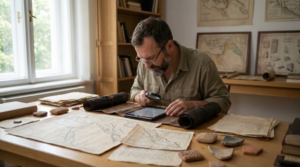 Historical researcher examines ancient manuscripts at a study table.