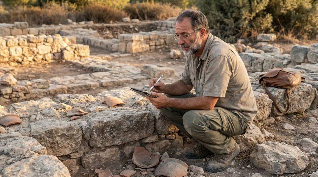 Historian examines ancient ruins in Ramah, Israel, taking notes on tablet.