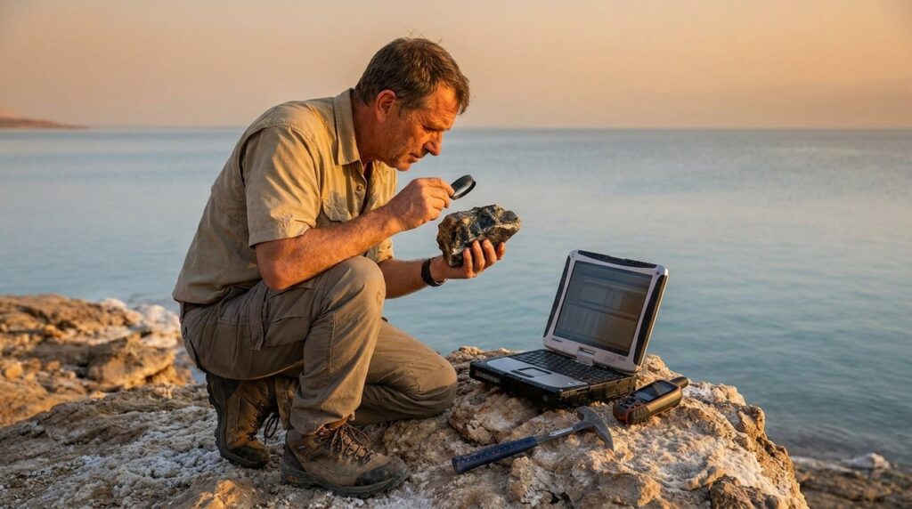 Israeli geologist examines rocks near the Dead Sea at sunset.