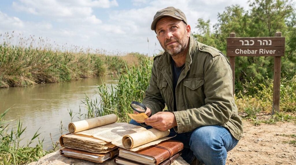 Israeli historian examining ancient texts by the Chebar River.