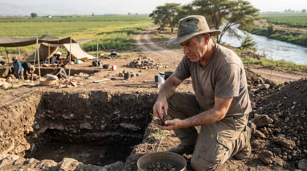 Israeli archaeologist examines soil samples near excavated Jordan River site.
