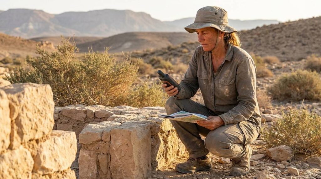 Israeli archaeologist examining stone ruins with GPS and map in desert.